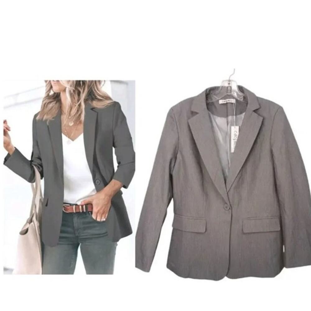 New Cicy Bell Blazer Sz M Gray Business Casual One Button Pockets Classic Career - Picture 1 of 16